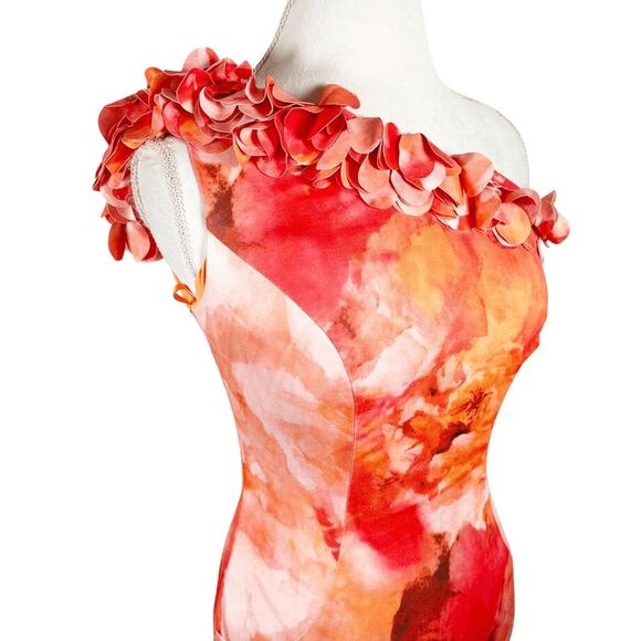 Rene Ruiz Collection One Shoulder 3D Applique Gown Fit Flare Dress Orange Size 2 - Picture 12 of 12